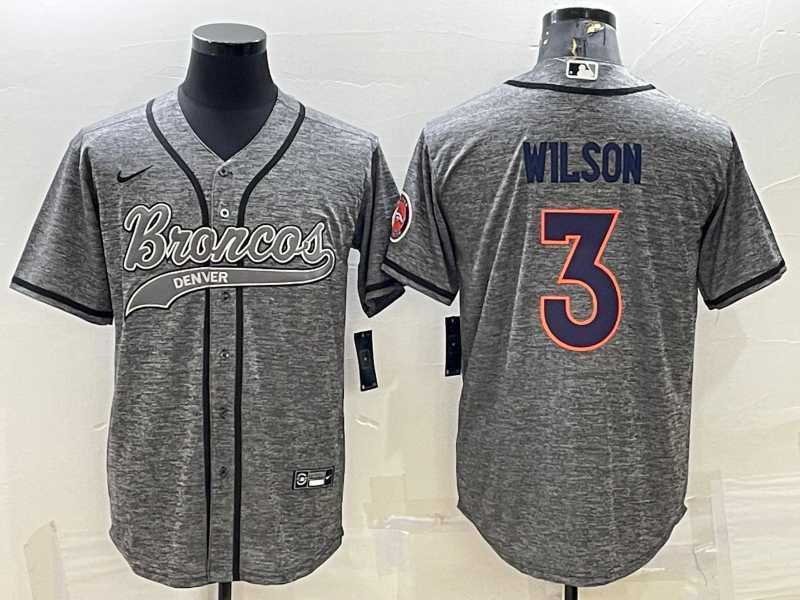 Mens Denver Broncos #3 Russell Wilson Grey Gridiron With Patch Cool Base Stitched Baseball Jersey->denver broncos->NFL Jersey